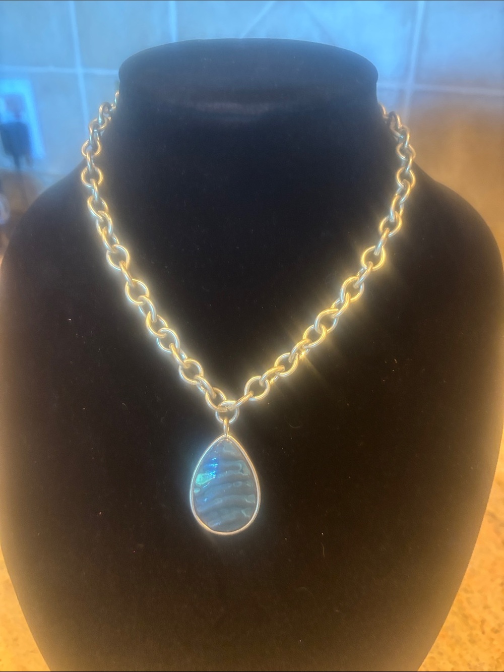 Gold Chain Necklace with Blue Teardrop Pendant